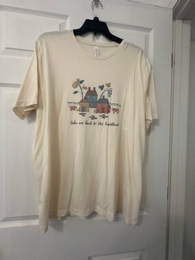 Cream Graphic Tee with Pastel Vintage Village Print